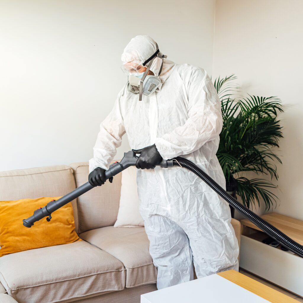 Man wearing PPE disinfecting the living room of a house with a COVID-19 disinfectant machine. Pandemic healthcare concept